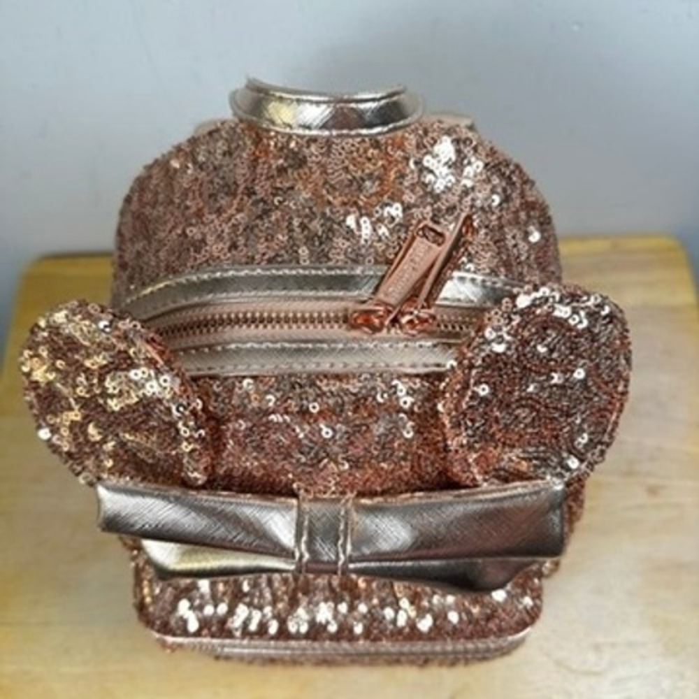 Loungefly Disney Parks Minnie Mouse Rose Gold Sequin Mini Backpack Bow NWT - Picture 6 of 14